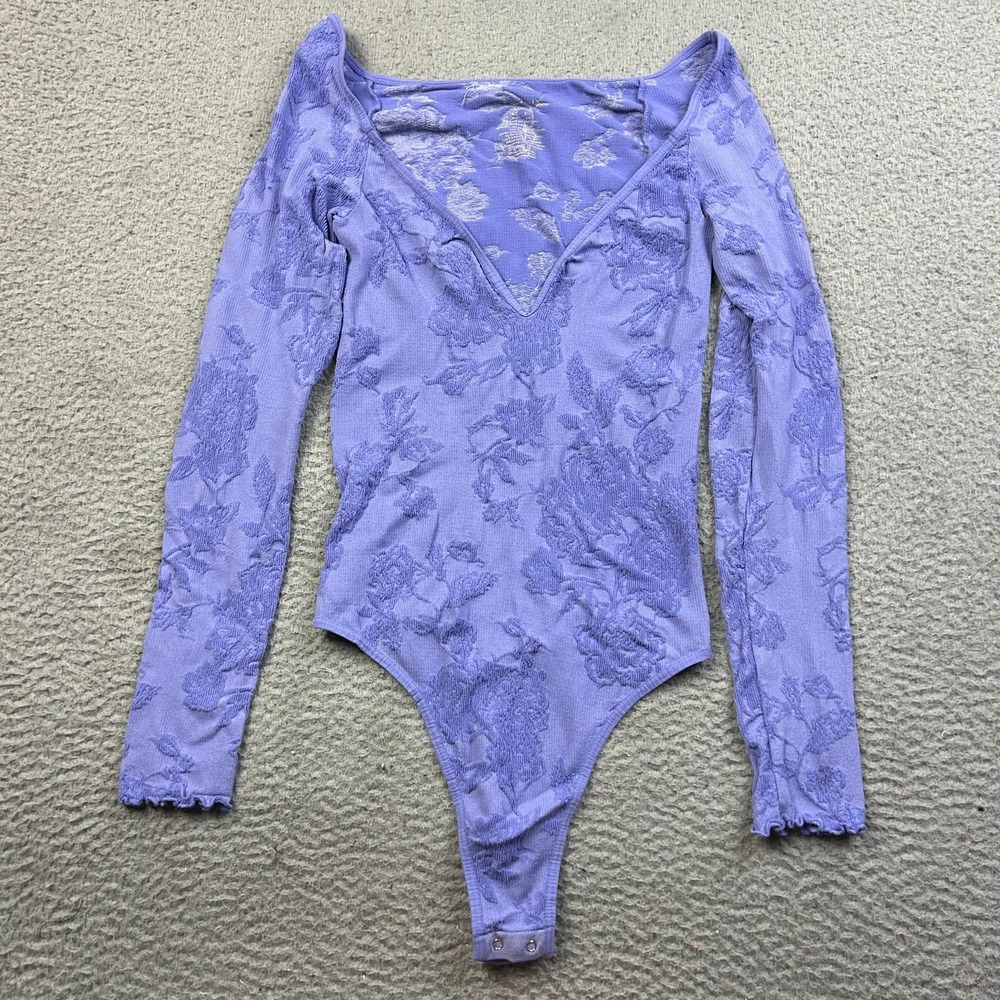 Intimately Free People Bodysuit Women M/L Purple Floral Long Sleeve V Neck USA